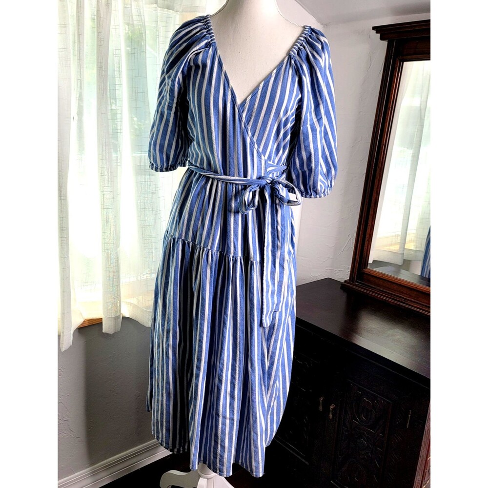 Old Navy Blue White Stripe Wrap Midi Dress S Puff Sleeve Smocked Tiered